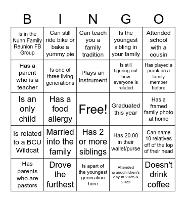Nunn Family Bingo Card