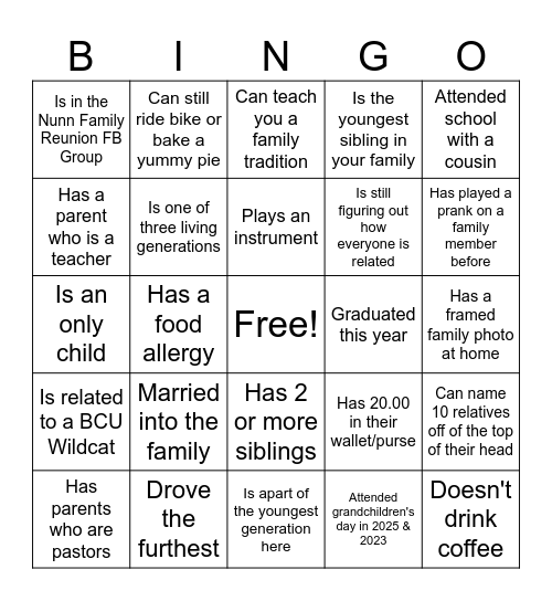 Nunn Family Bingo Card