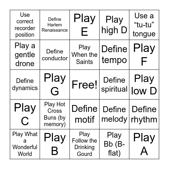 Recorder Bingo Card