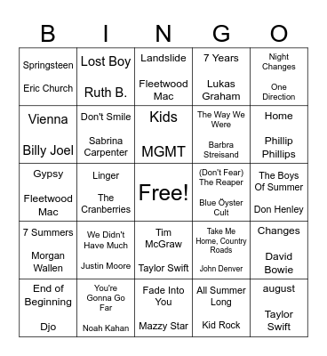 Nostalgia Bingo Card