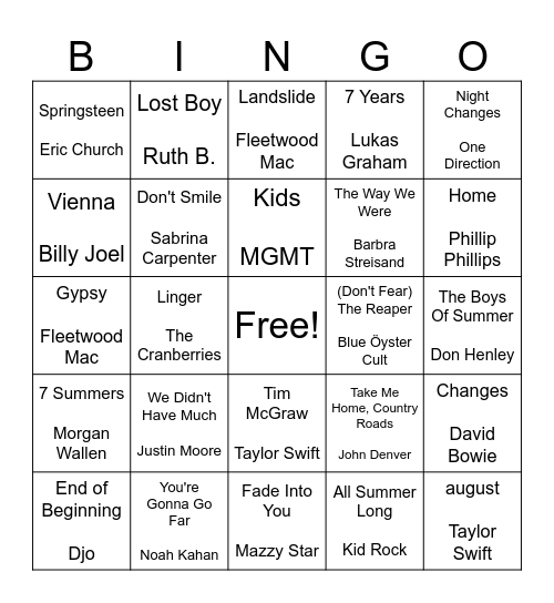 Nostalgia Bingo Card