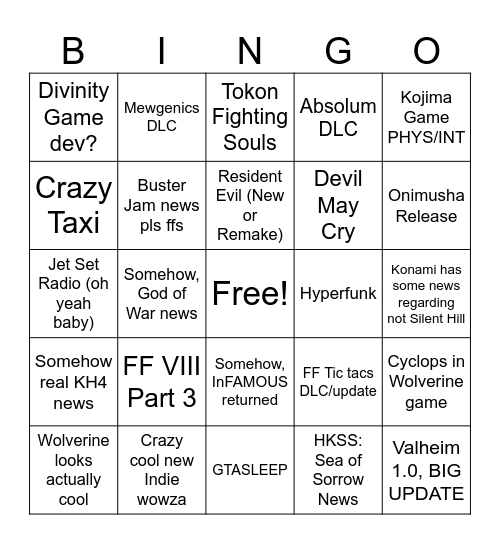 Fake E3 Week Bingo Card