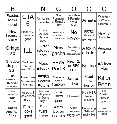 Summer Game Fest Events Bingo Card