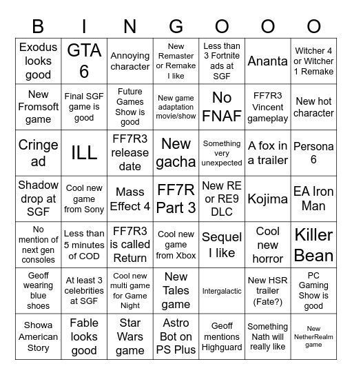 Summer Game Fest Events Bingo Card