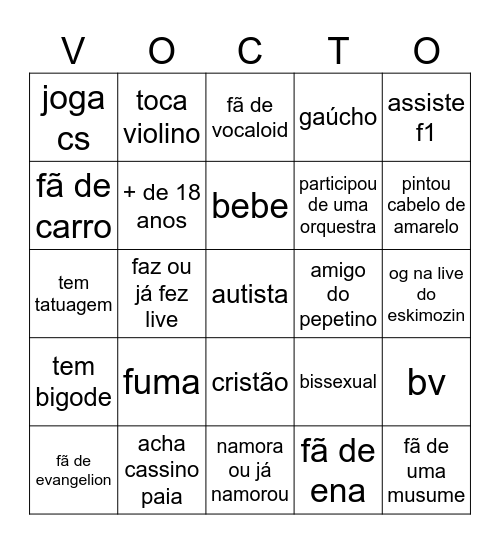 Quão Vocto você é? Bingo Card