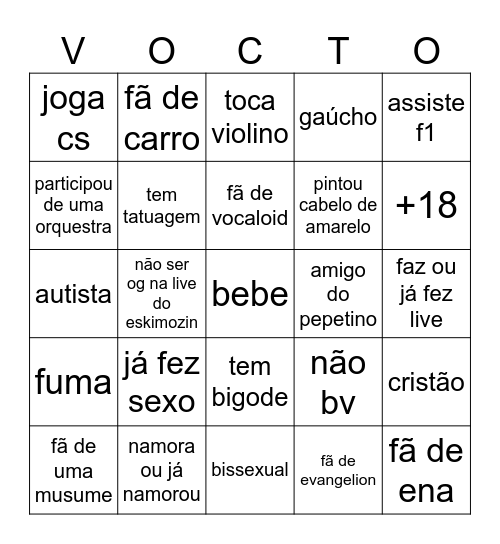 Quão Vocto você é? Bingo Card