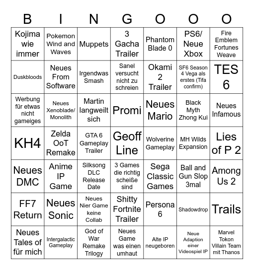 "E3" Week (Sony,Nintendo,Xbox,SGF) Bingo Card