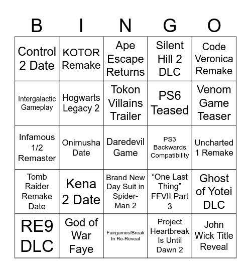 State of Play Bingo Card