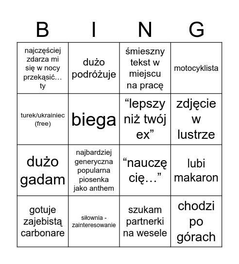 mężczyźni na tinderze Bingo Card