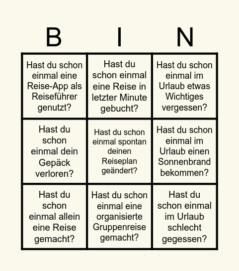 Reiseerfahrungen Bingo Card