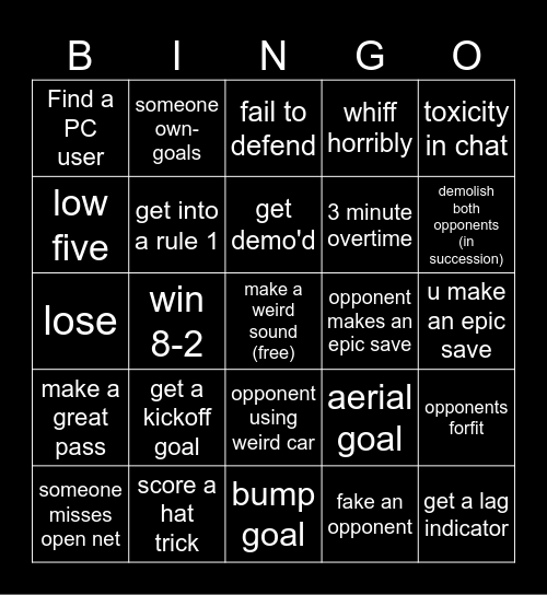 Rocket League Bingo Card
