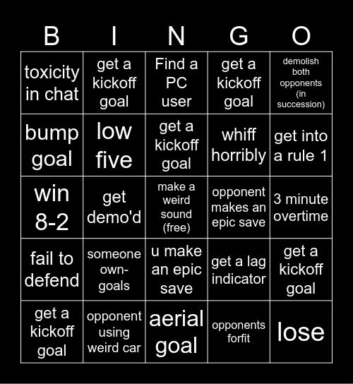 Rocket League Bingo Card