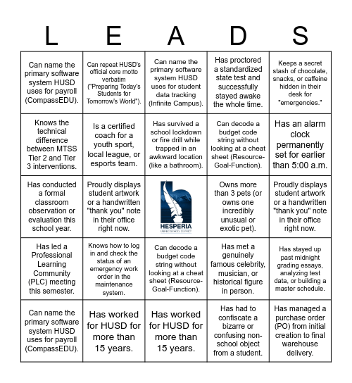 L-E-A-D-S Bingo Card