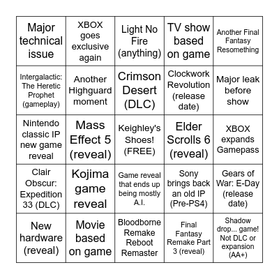 Summer Game Fest 2026 (June 1st-8th) Bingo Card