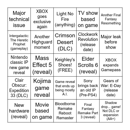 Summer Game Fest 2026 (June 1st-8th) Bingo Card