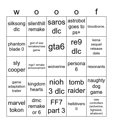 State Of Play Bingo Card
