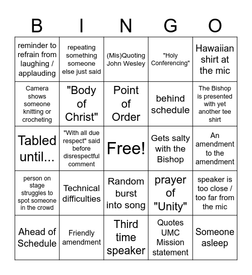 UMCSC Annual Conference Bingo Card