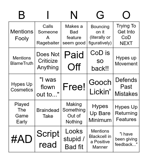 CoD Shill Bingo Card