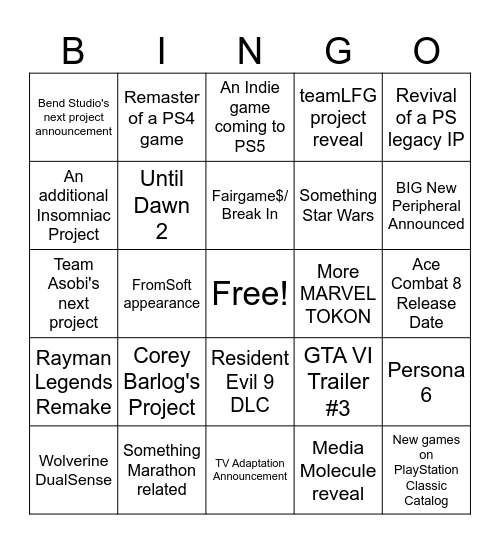 State of Play BINGO Card