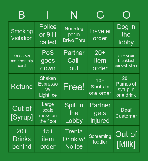 Sbux Shift Bingo Card