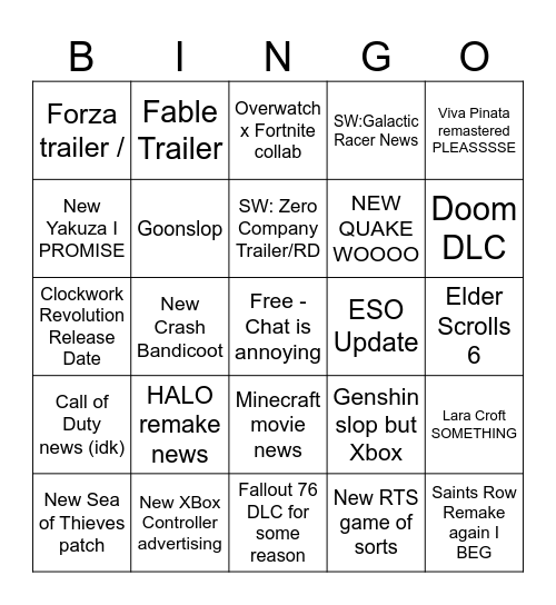 XBOX Games Showcase 2026 Bingo Card