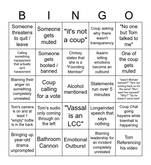 Vassal Town Hall Bingo Card