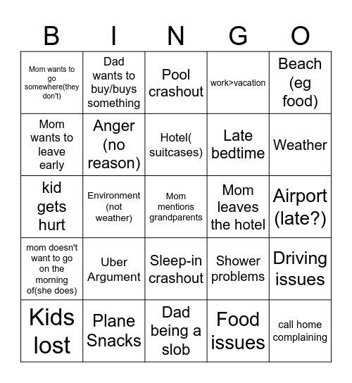 Hawaii Trip Bingo Card