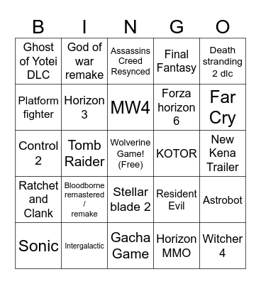 Playstation bingo Card