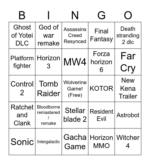 Playstation bingo Card