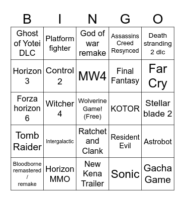 Playstation bingo Card
