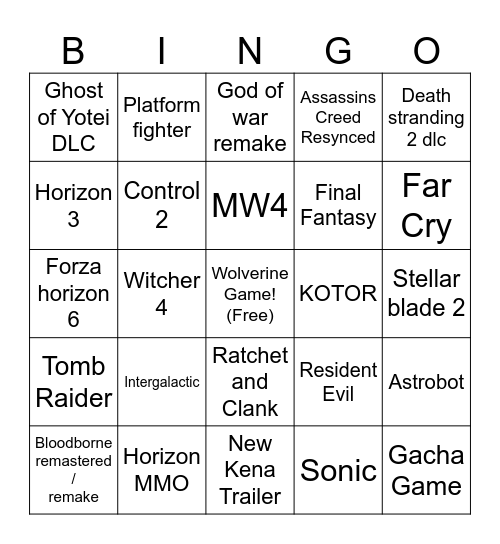 Playstation bingo Card