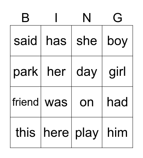 Snap Word Bingo Card