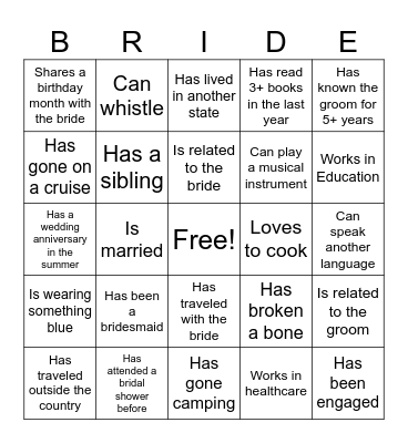 Alicia's Bridal Guest Bingo Card