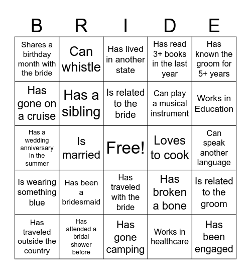 Alicia's Bridal Guest Bingo Card