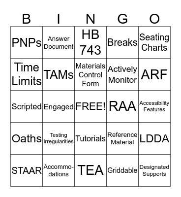 BCE STAAR Training Bingo Card