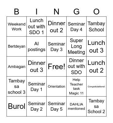 DEPED BINGO Card