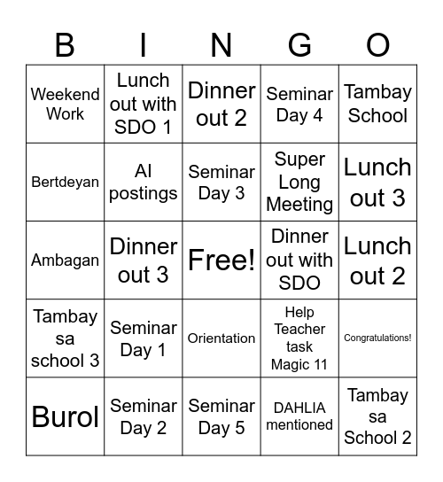 DEPED BINGO Card