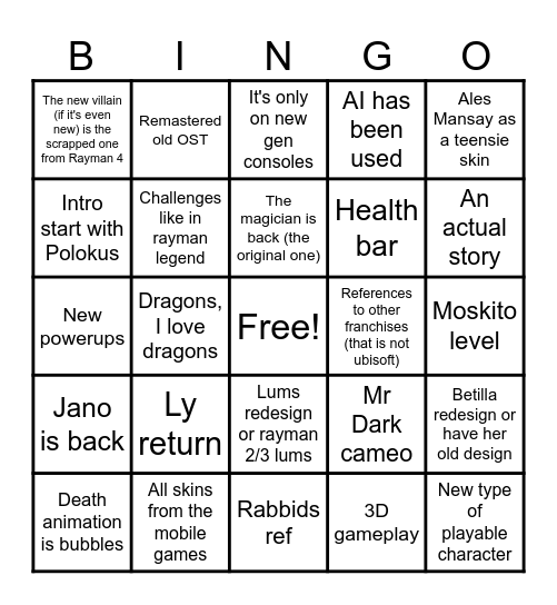 Rayman legends retold Bingo Card