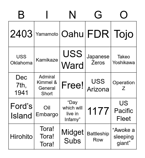 Pearl Harbor Bingo Card