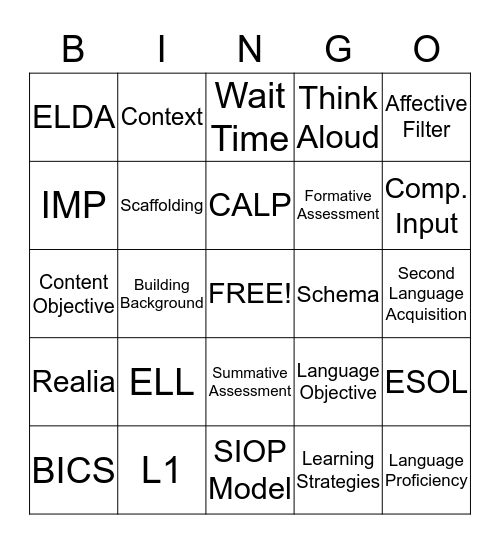 SIOP Bingo Card