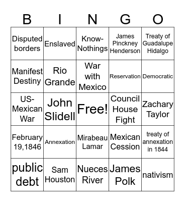 Early Statehood Bingo Card