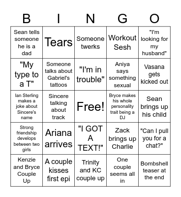 Love Island Bingo Card