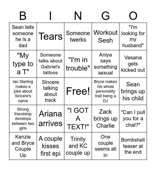 Love Island Bingo Card
