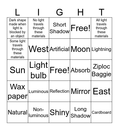 Light Vocabulary Bingo Card