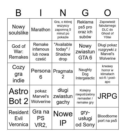 State of play 2026 Bingo Card