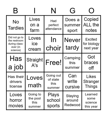End of School Bingo Card
