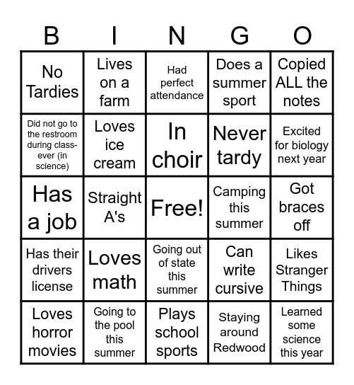 End of School Bingo Card