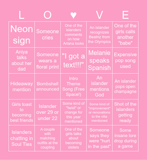 LIUSA Season 8 Premiere Bingo Card