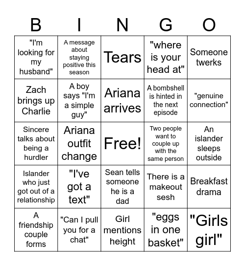 LOVE ISLAND SEASON 8 Bingo Card