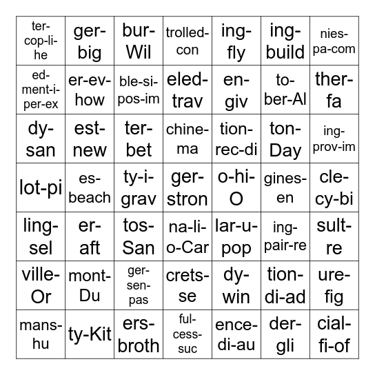First in Flight Syllables Bingo Card